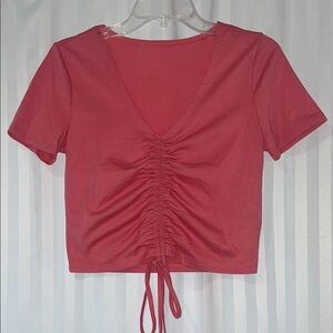 SHEIN Pink Ruched Cropped V-Neck T-Shirt Top w/Adjustable Length and Tie Front